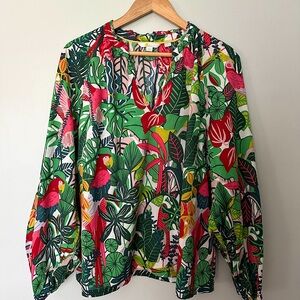 Boden Tropical Bird Cotton Blouse with split neck and ballon sleeves